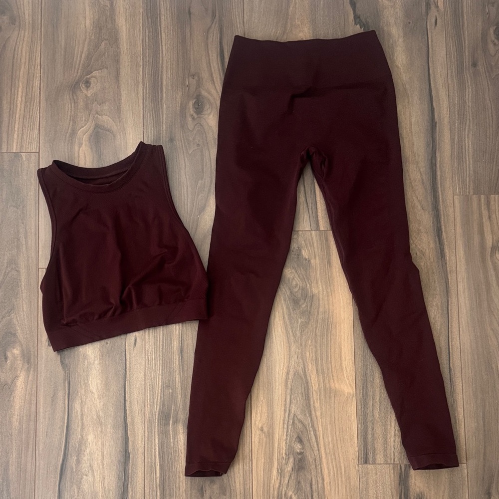 Alphalete Deep Burgundy High-Waist Leggings with Matching Crop Tank